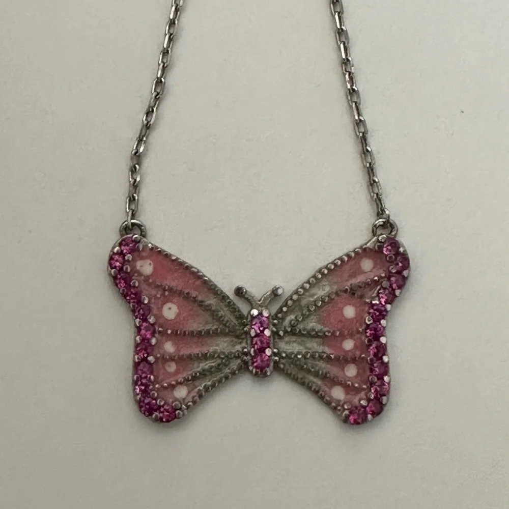 925 Silver butterfly necklace cz stones and pink white handmade enamel